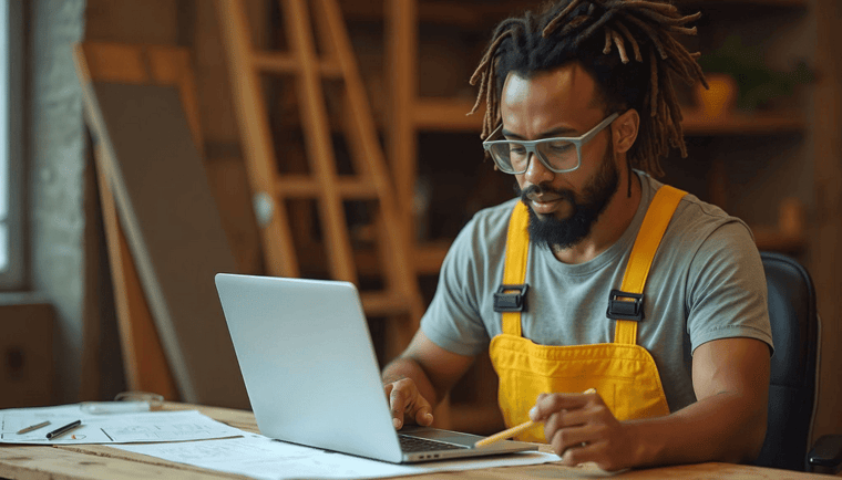 A cabinet maker using laptop