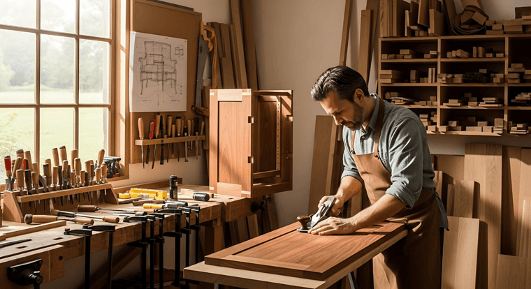 A cabinet maker working in a workshop