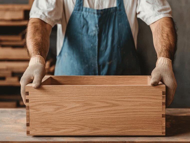 A man holding a wooden cabinet